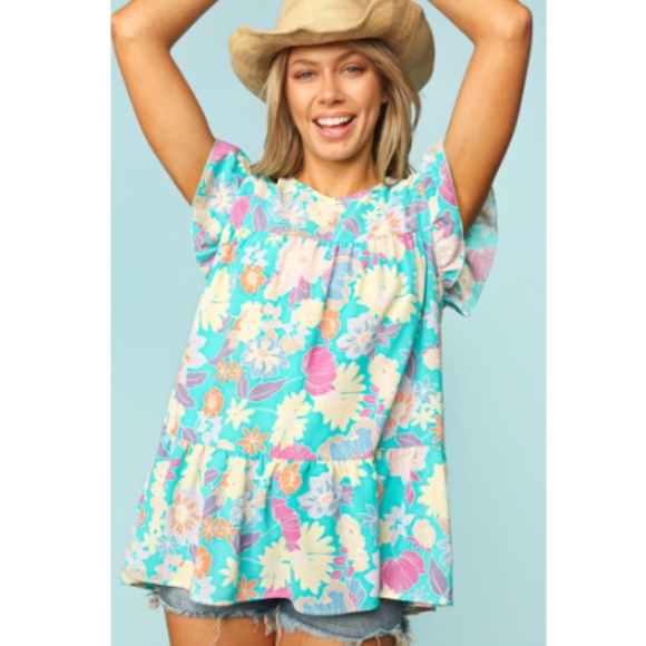 kelzposh Tops - "The Bryn" Blue Tiered Floral Frill Sleeve Top